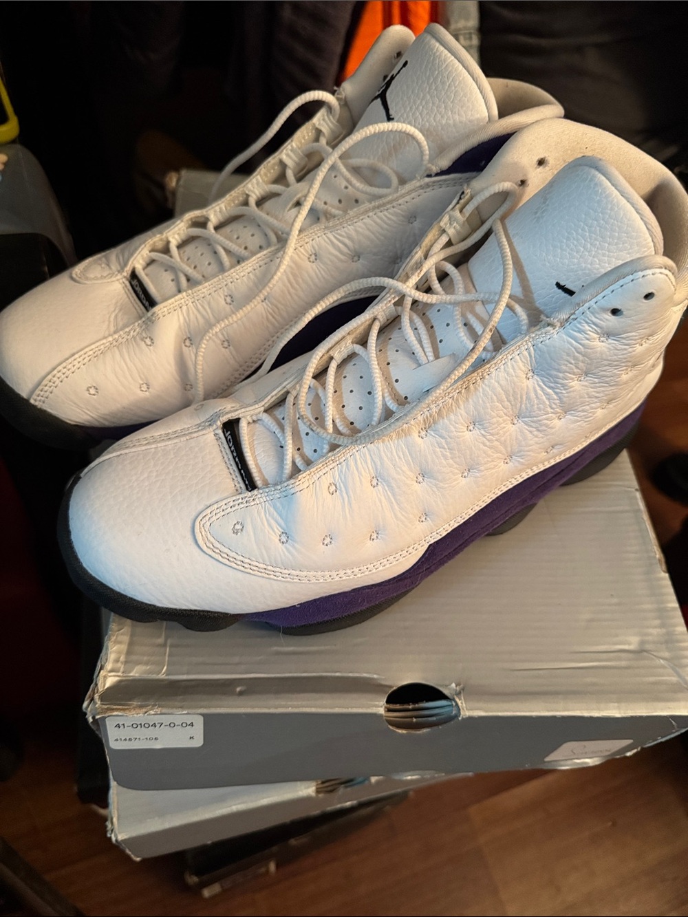 Jordan Retro 13 Leather Sneakers in White, Purple & Black